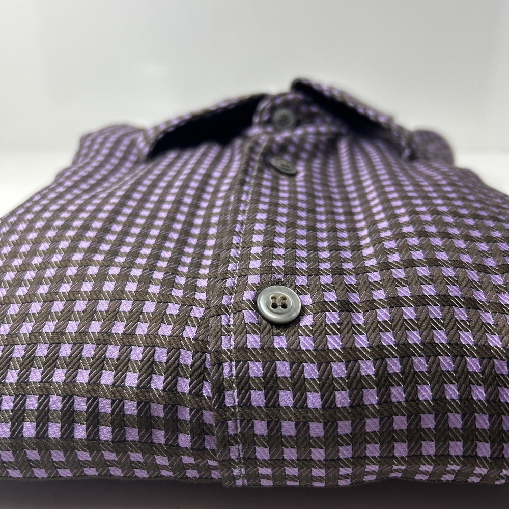 Ermenegildo Zegna Men's L Long Sleeve Button Up Purple Brown Gingham - Picture 6 of 16